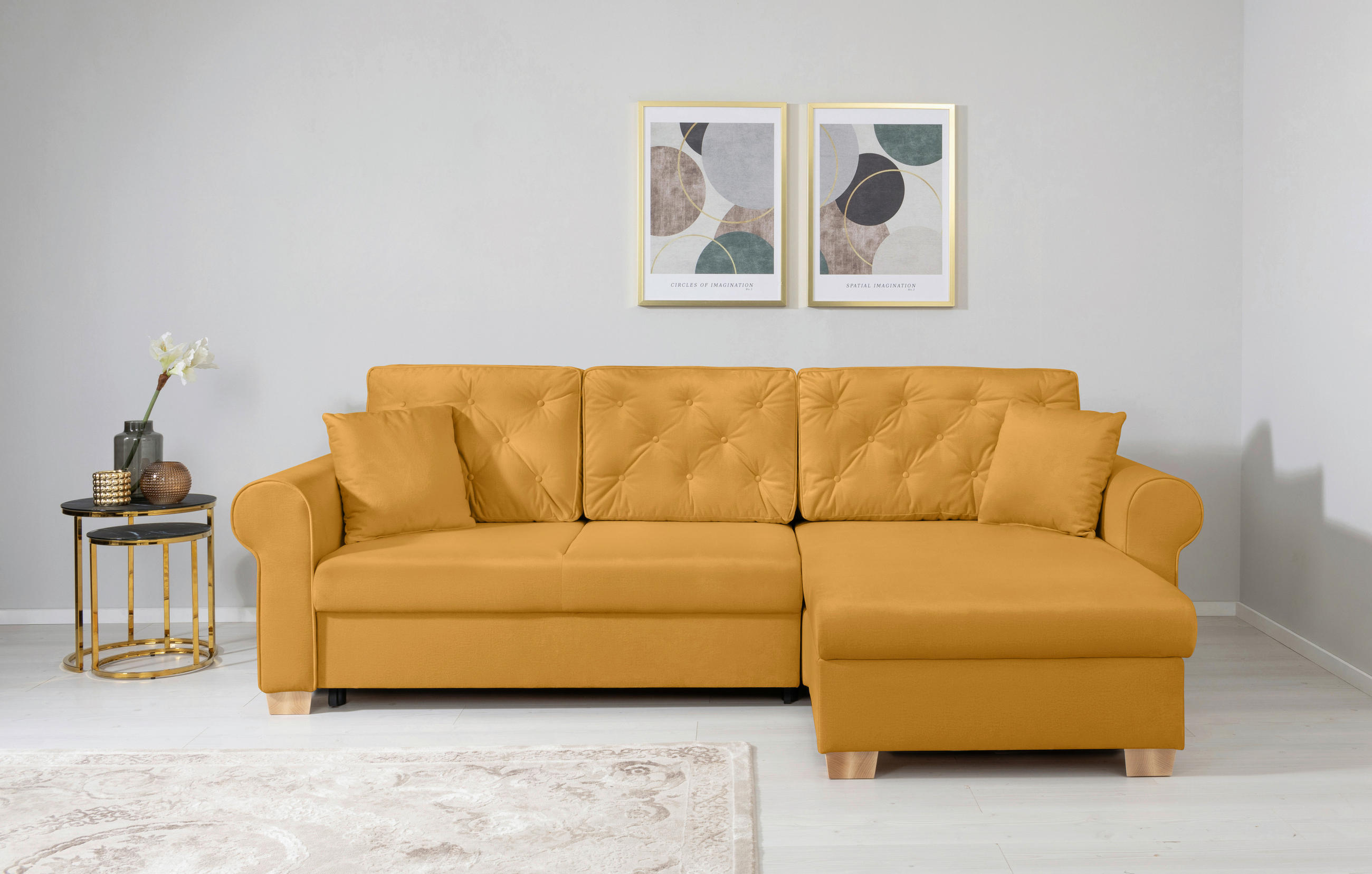 ECKSOFA in Gelb  - Gelb/Buchefarben, Design, Holz/Textil (266/161cm) - MID.YOU