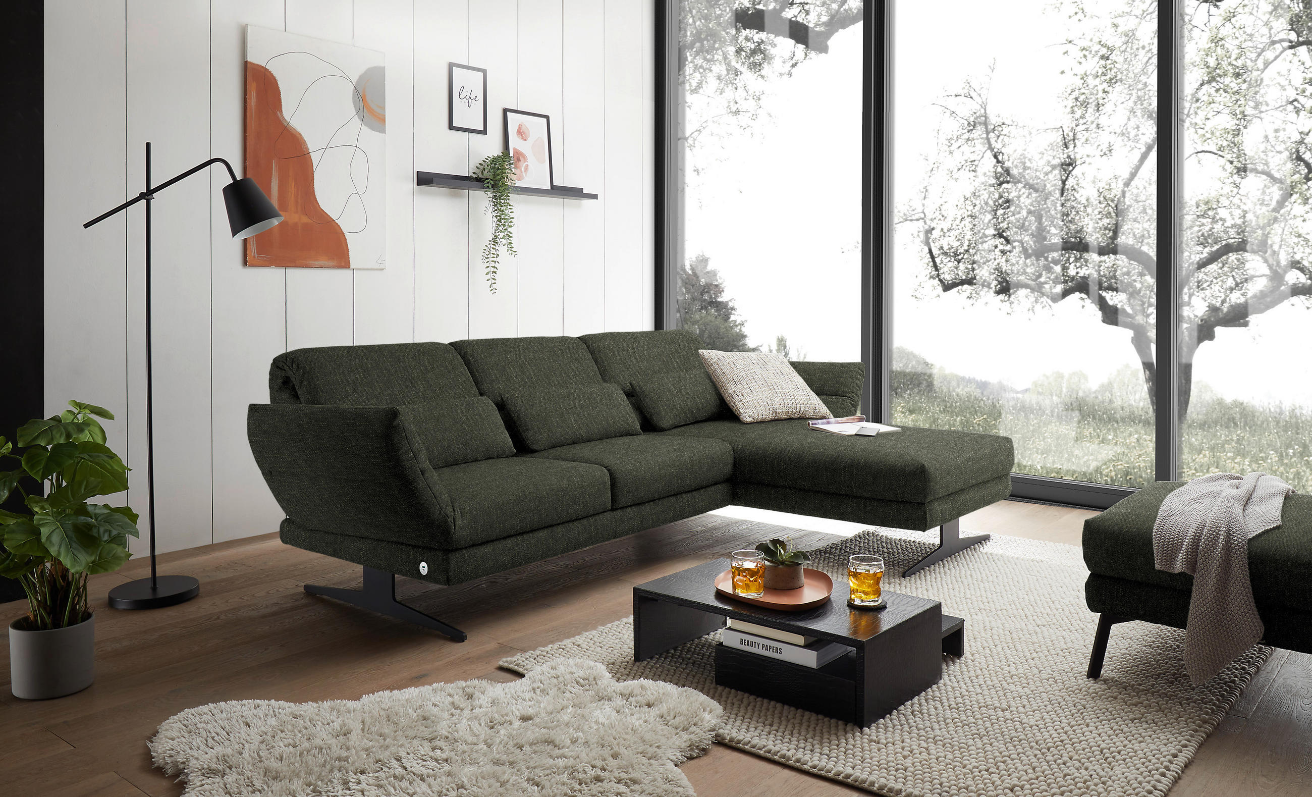 ECKSOFA in Flachgewebe Dunkelgrün  279-327/176-217 cm  - Dunkelgrün/Schwarz, Design, Textil/Metall (279-327/176-217cm) - Dieter Knoll