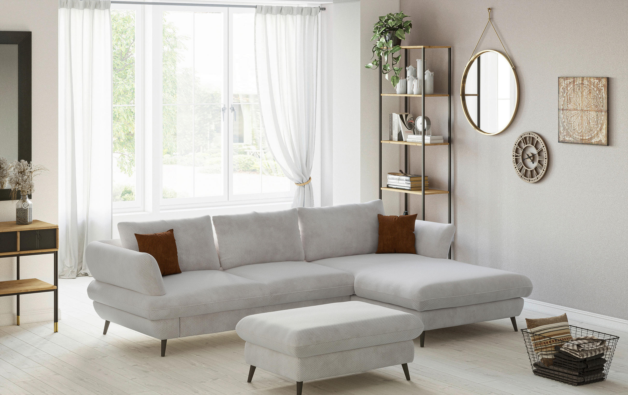 CANAPÉ D'ANGLE in Velours Naturfarben  - Schwarz/Naturfarben, Design, Textil/Metall (281/181cm) - Livetastic
