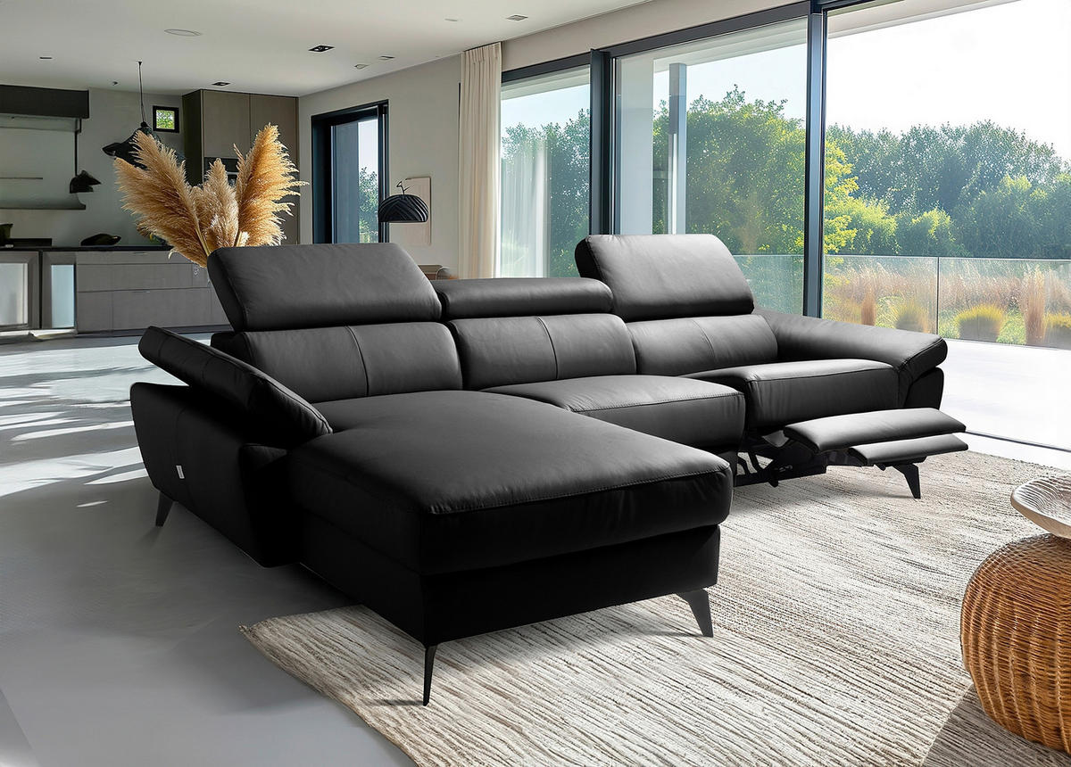 ECKSOFA SONO in Lederlook Echtleder Schwarz Armteilverstellung, Kopfteilverstellung  179/252 cm  - Schwarz, Design, Leder/Textil (179/252cm) - Livetastic