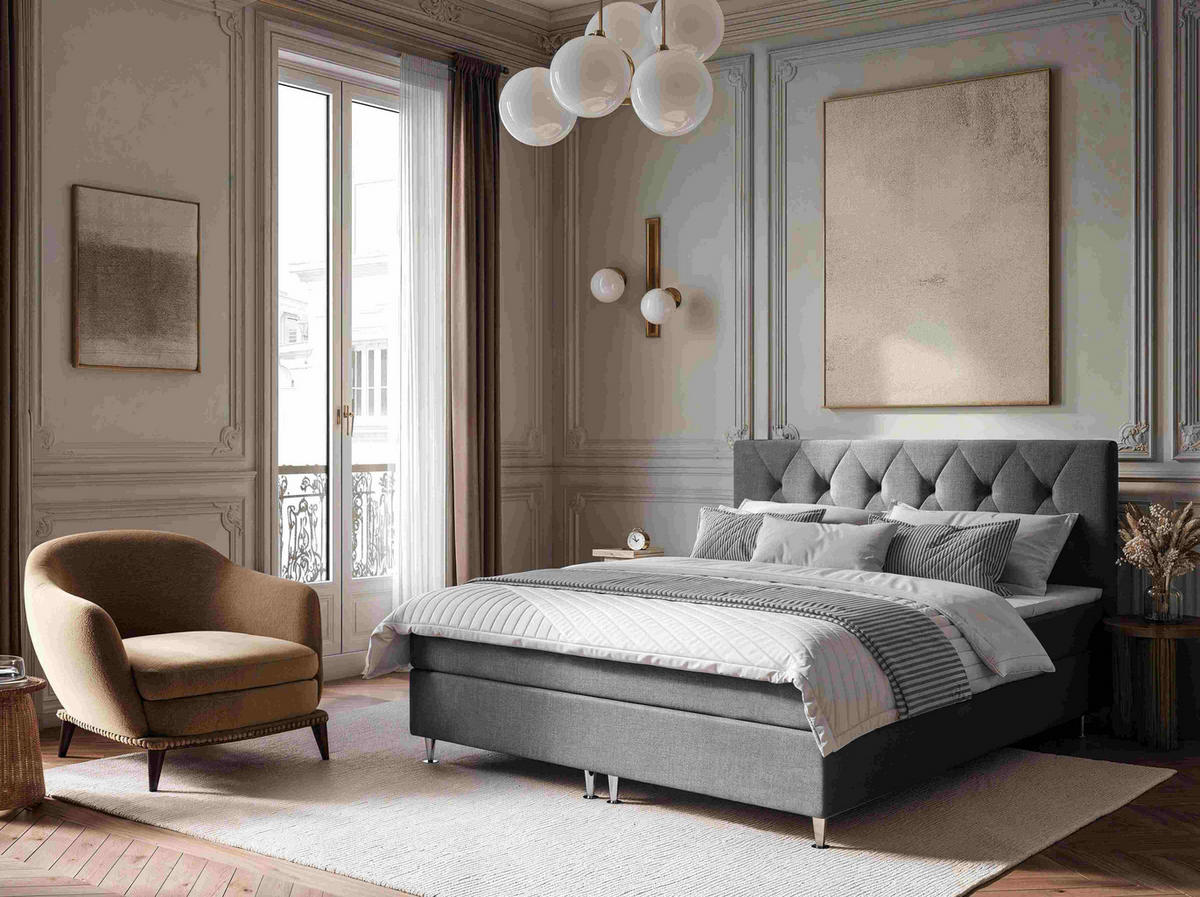 BOXSPRINGBETT 180/200 cm,  in Grau, Matratze, Bettkasten, Topper, H2 = mittel  - Silberfarben/Grau, KONVENTIONELL, Textil/Metall (180/200cm) - Chameo