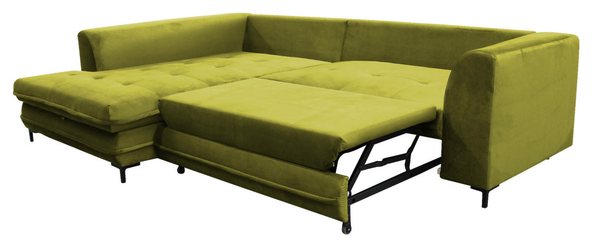 ECKSCHLAFSOFA  mit Rücken echt, Armteil links Velours Hellgrün  - Schwarz/Hellgrün, Design, Textil/Metall (187/277cm) - Livetastic