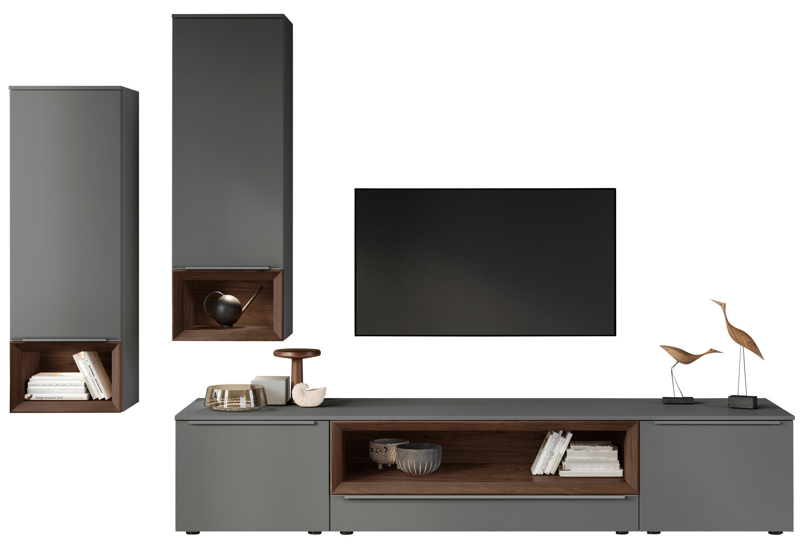 WOHNWAND  in Grau, Nussbaumfarben  295,1/205,2/58,5 cm  - Nussbaumfarben/Grau, Design, Holzwerkstoff (295,1/205,2/58,5cm) - Celina Home