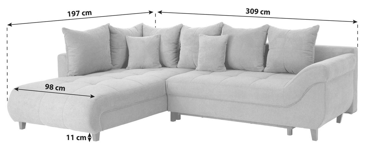 ECKSOFA MENDOZA NEW Hellgrau Chenille, Struktur Zierkissen, Rückenkissen, Bettkasten  - Hellgrau/Schwarz, KONVENTIONELL, Textil (197/309cm) - MID.YOU