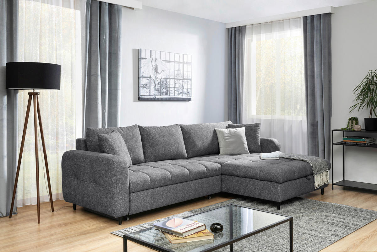 ECKSOFA in Velours Grau  - Schwarz/Grau, MODERN, Holz/Textil (282/184cm) - Lomoco