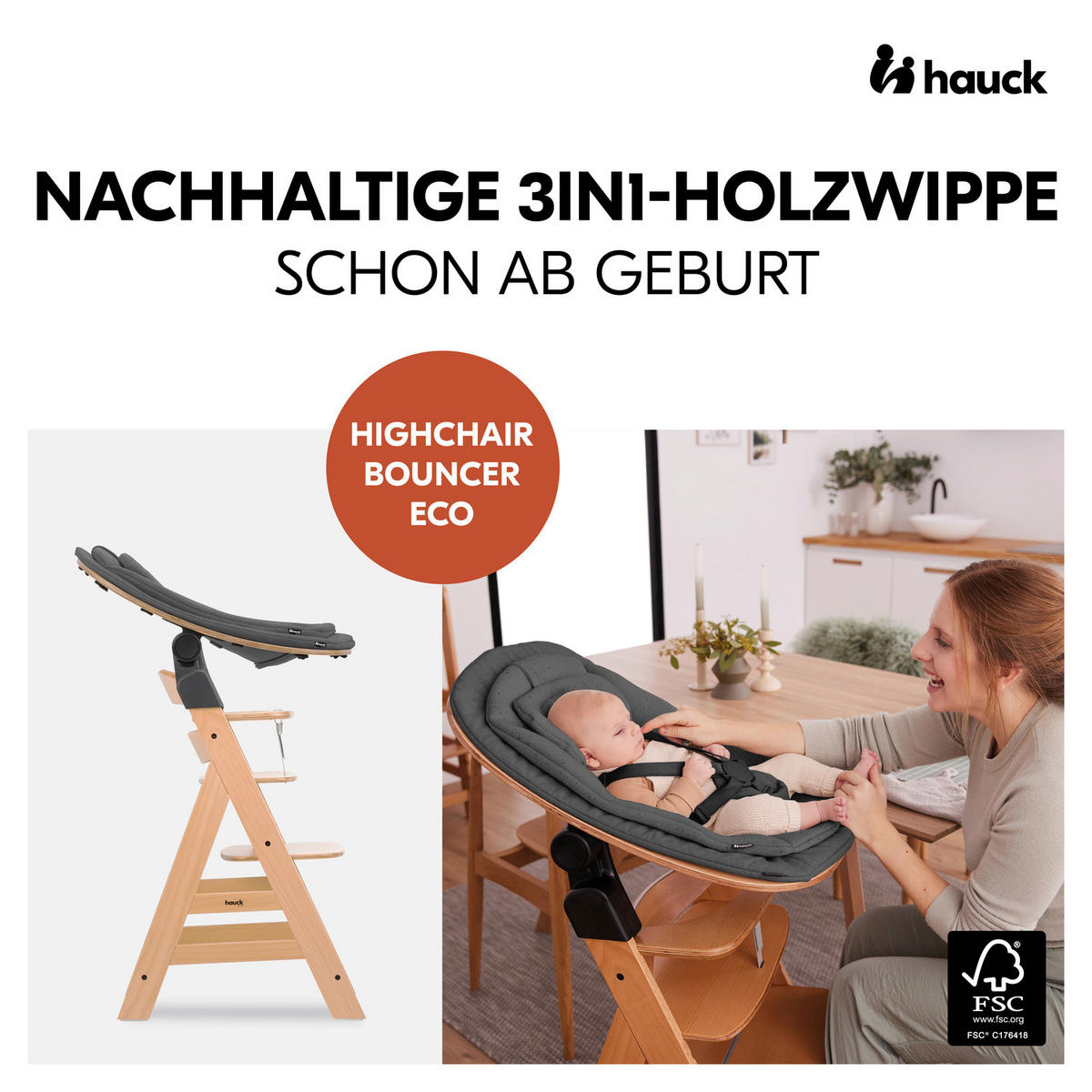 HOCHSTUHLLIEGE Highchair Bouncer Eco  - Dunkelgrau/Buchefarben, Basics, Holz/Textil (50/40/66cm) - Hauck