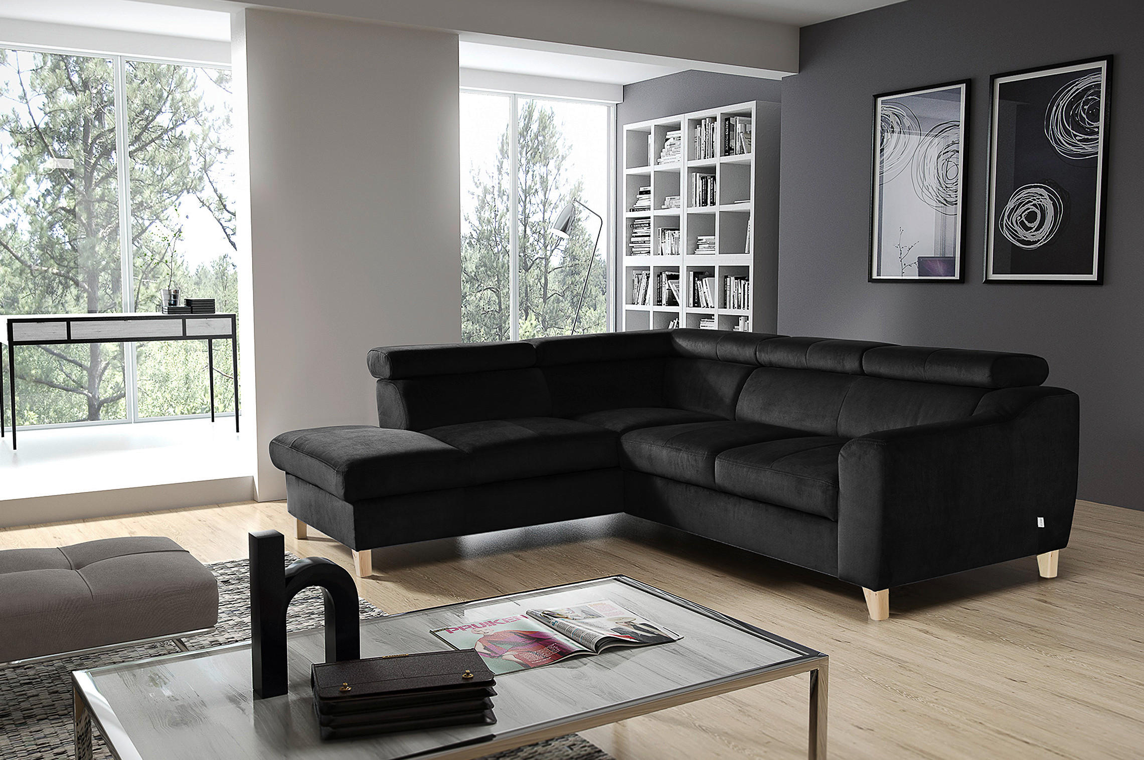 ECKSOFA in Webstoff Schwarz  - Buchefarben/Schwarz, Design, Holz/Textil (208/245cm) - Livetastic