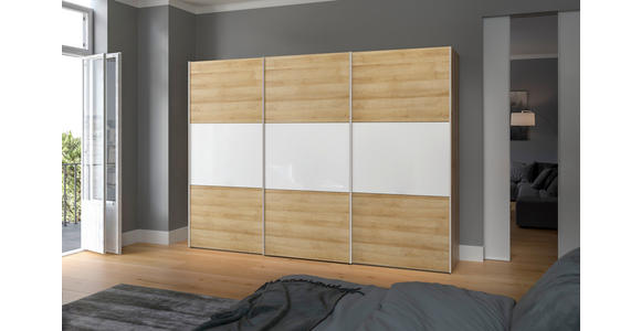 SCHWEBETÜRENSCHRANK  in Weiß, Eichefarben  - Edelstahlfarben/Eichefarben, Design, Glas/Holzwerkstoff (303/215/65cm) - Carryhome