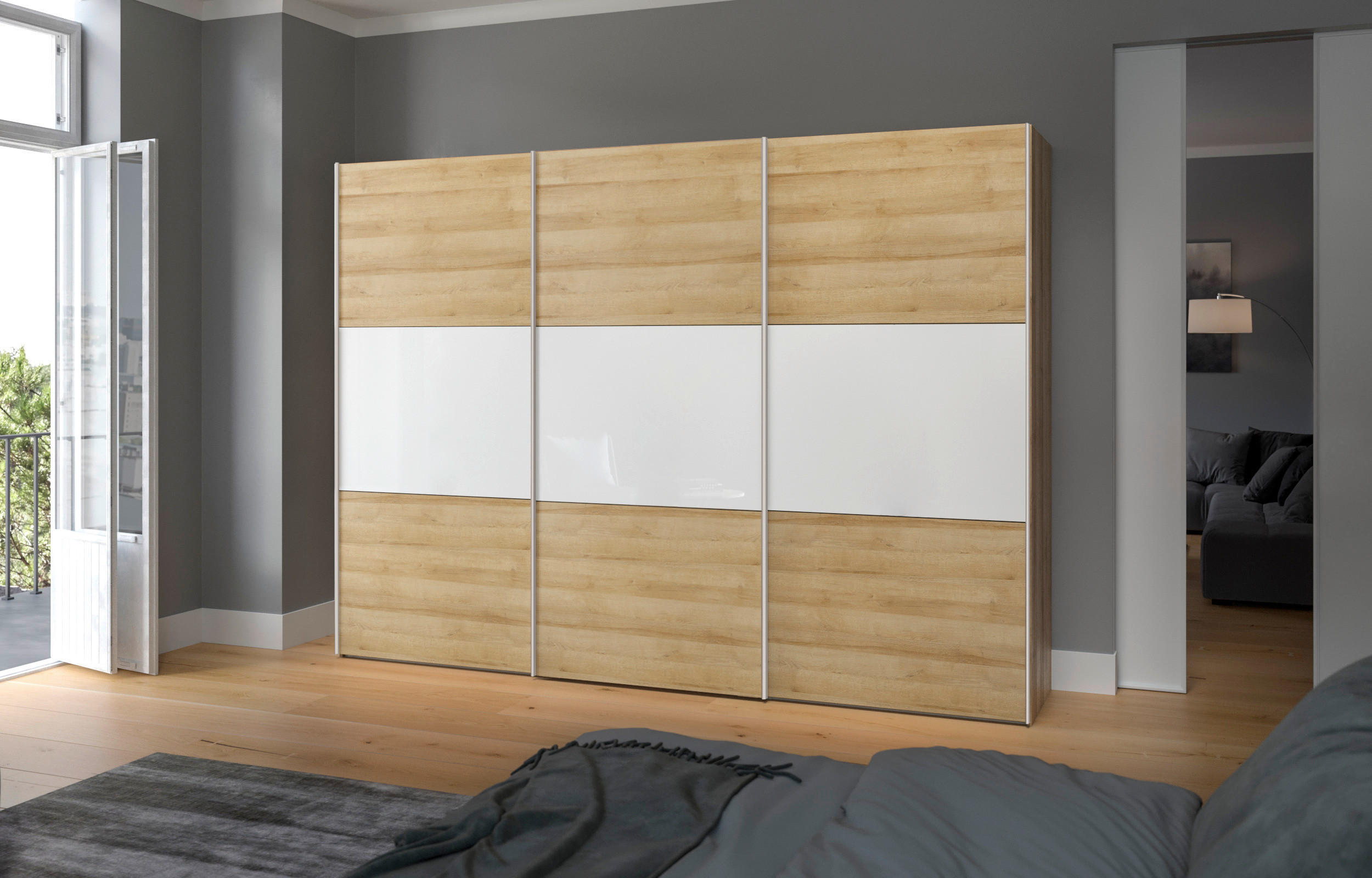 SCHWEBETÜRENSCHRANK 303/215/65 cm 3-türig Weiß, Eichefarben - Edelstahlfarben/Eichefarben, Design, Glas/Holzwerkstoff (303/215/65cm) - Boxxx