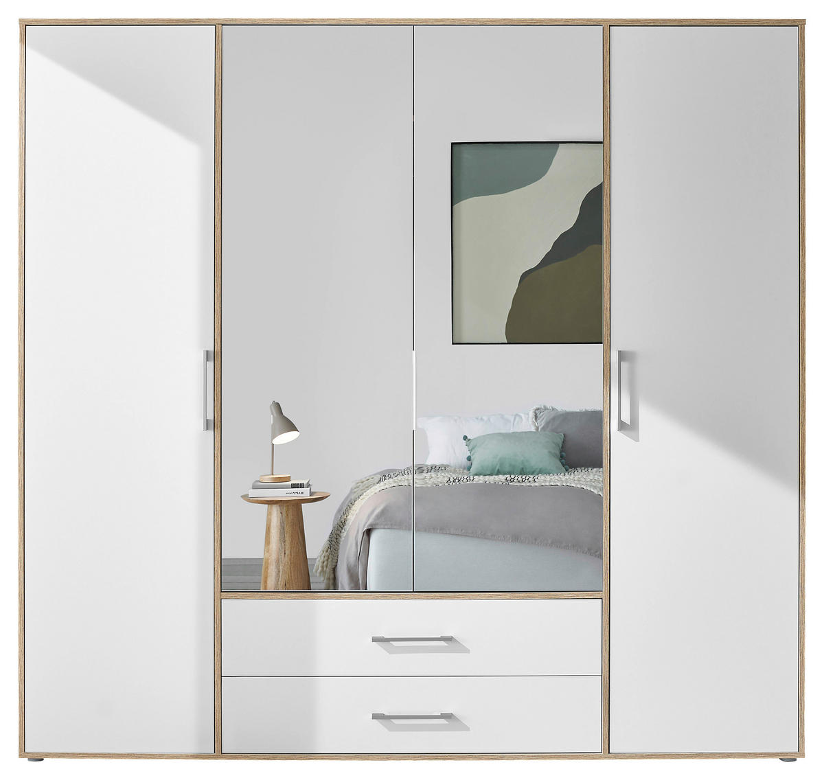 KLEIDERSCHRANK 206/195/60 cm 4-türig Weiß, Eiche Artisan  - Alufarben/Weiß, Basics, Glas/Holzwerkstoff (206/195/60cm)