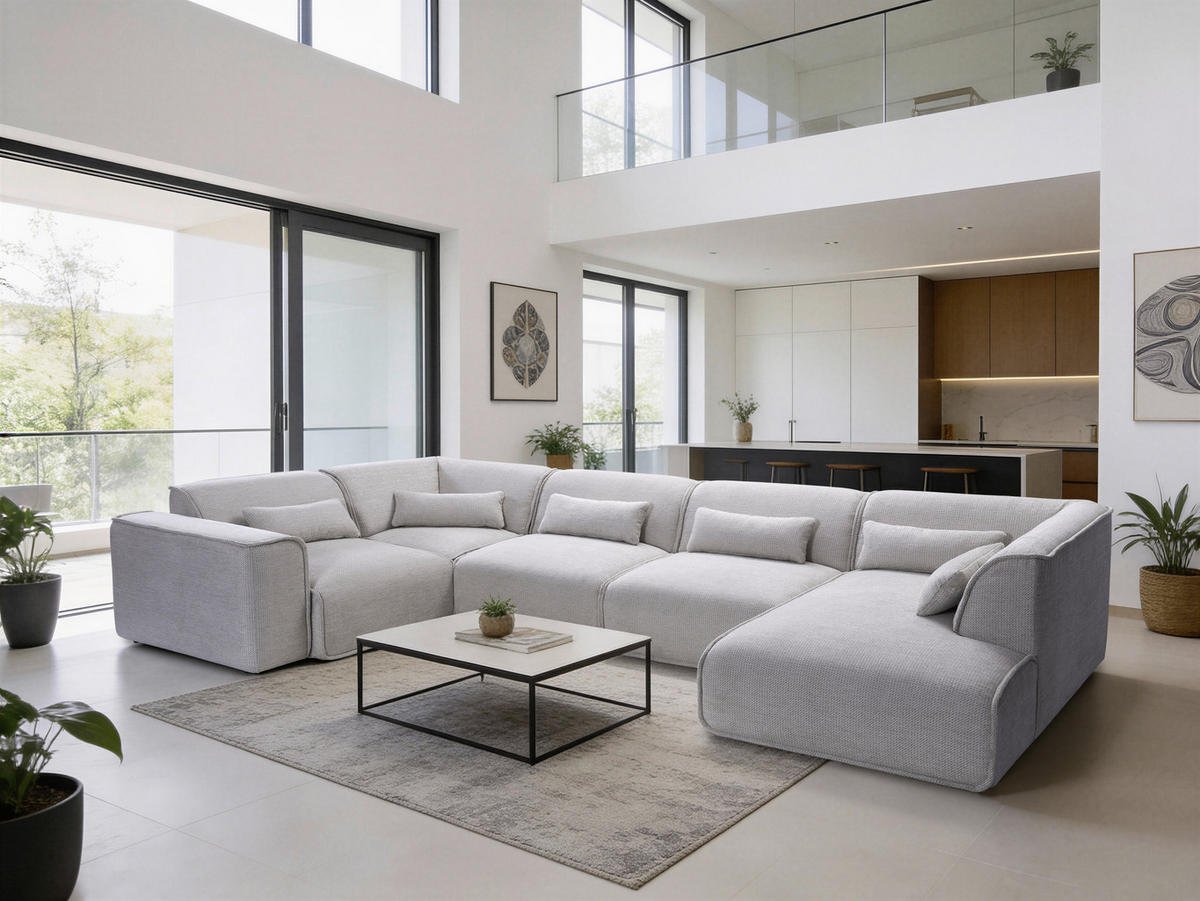 WOHNLANDSCHAFT Flachgewebe Naturfarben  - Schwarz/Naturfarben, Design, Kunststoff/Textil (211/368/165cm) - Lomoco