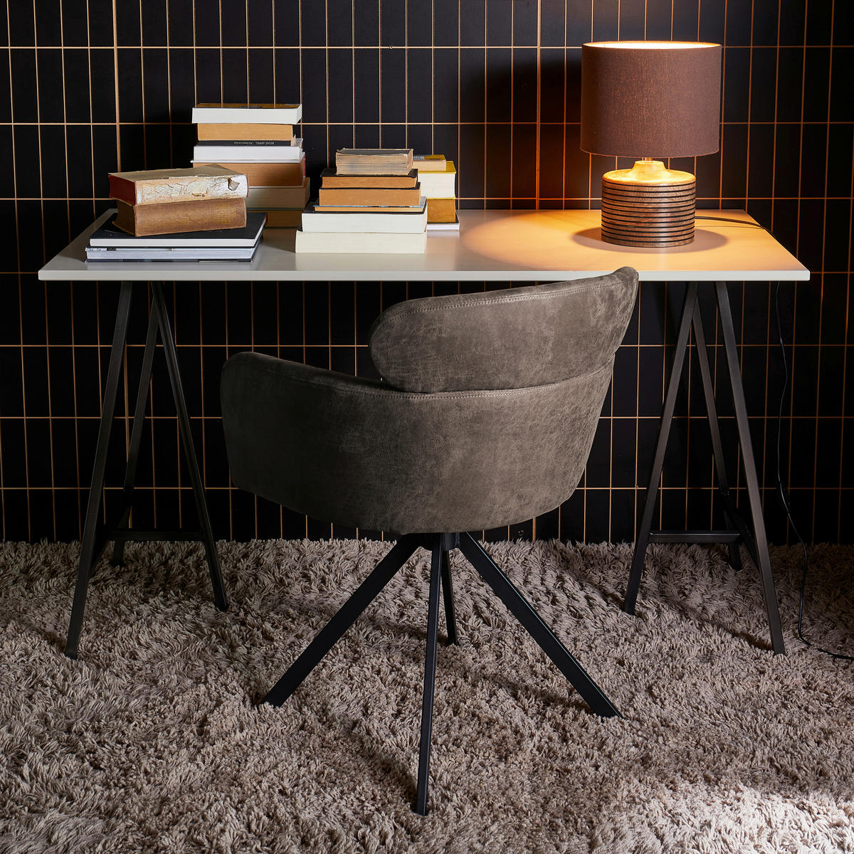 ARMLEHNSTUHL-SET 2 Stück  in Eisen Lederlook  - Schwarz/Grau, MODERN, Textil/Metall (58/80/60cm) - Livetastic