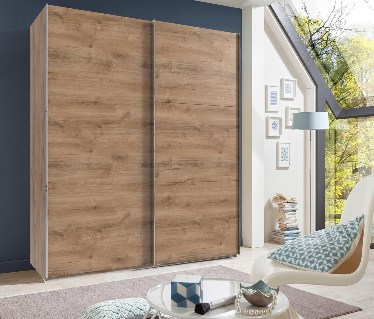 SCHWEBETÜRENSCHRANK 150/216/65 cm 2-türig Plankeneiche  - Chromfarben/Plankeneiche, MODERN, Holzwerkstoff/Metall (150/216/65cm) - MID.YOU