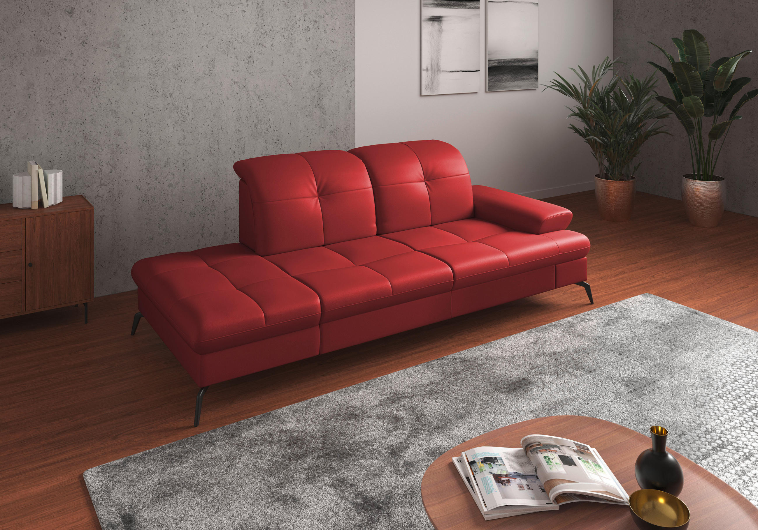 RÉCAMIERE Rot Echtleder  - Rot/Schwarz, KONVENTIONELL, Leder/Metall (231/90/122cm) - Sit & More