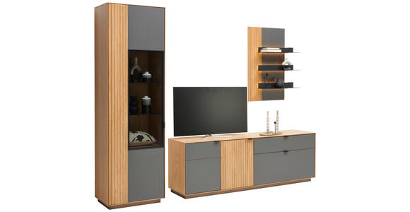 WOHNWAND  in Grau, Eichefarben  250/200/42 cm  - Eichefarben/Schwarz, Natur, Glas/Holz (250/200/42cm) - Linea Natura