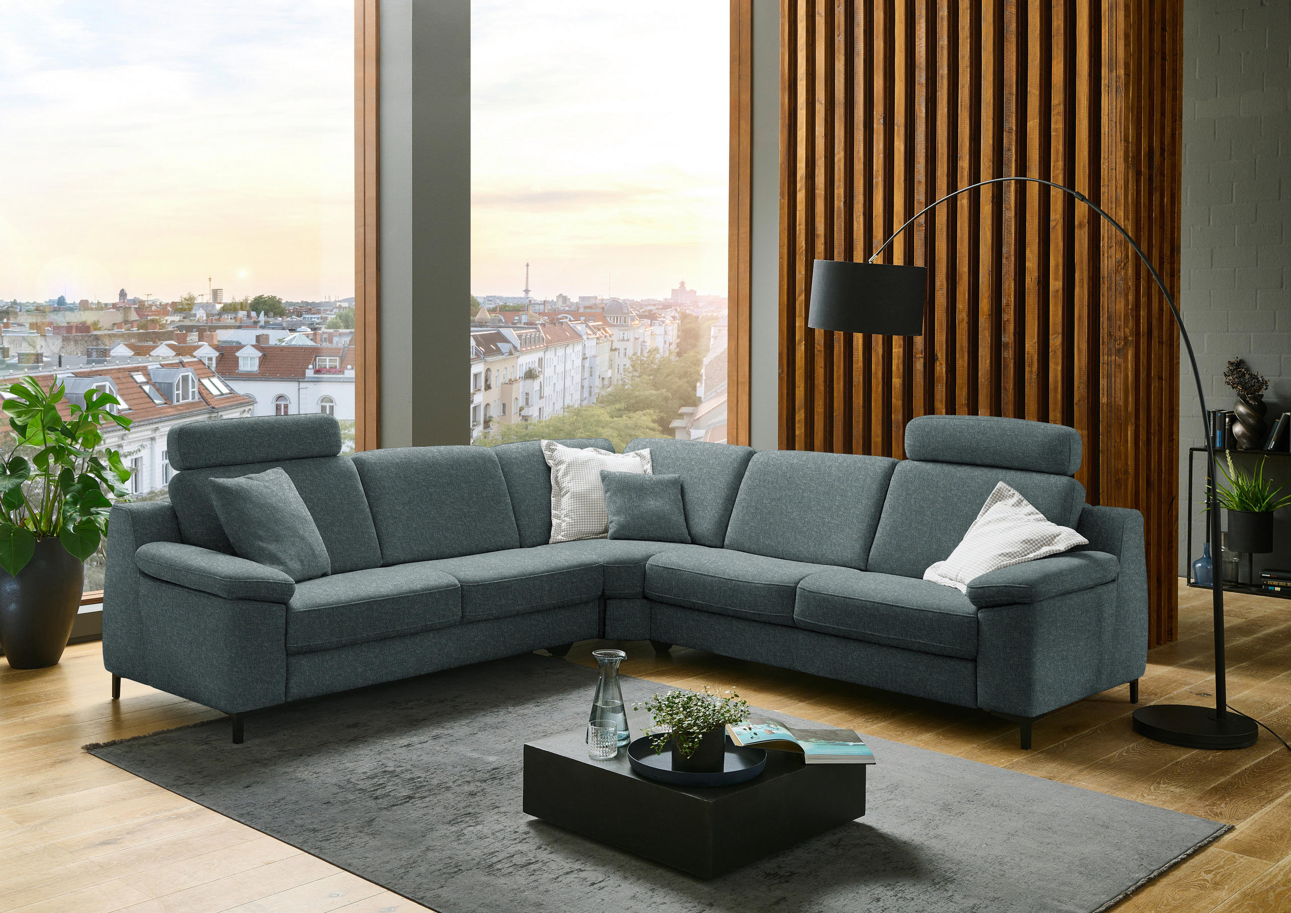 ECKSOFA in Chenille Graugrün  278/278 cm  - Schwarz/Graugrün, Design, Textil/Metall (278/278cm) - Valdera