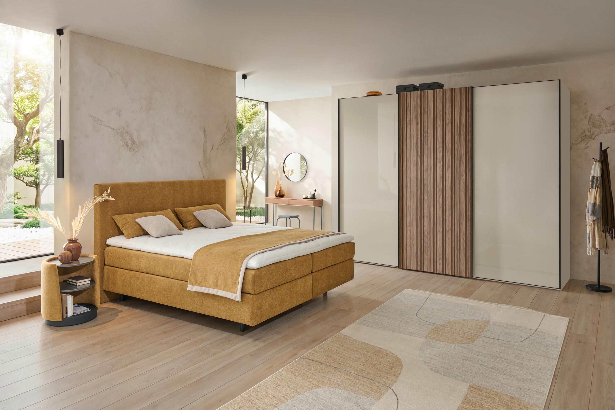 BOXSPRINGBETT 180/200 cm,  in Bernsteinfarben, Matratze, Topper, H2 + H3 = mittel + fest  - Bernsteinfarben/Schwarz, KONVENTIONELL, Kunststoff/Textil (180/200cm) - Dieter Knoll