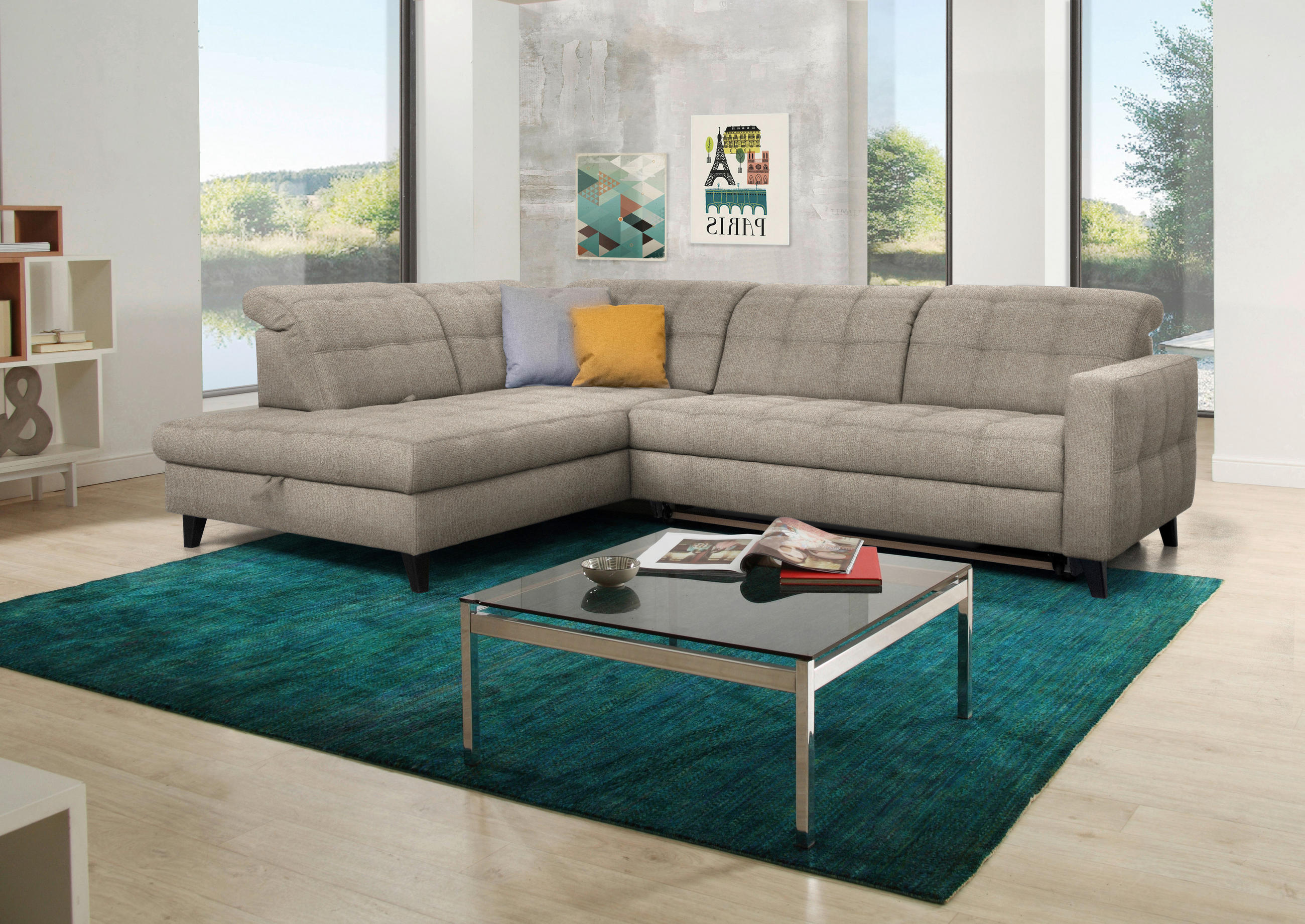 ECKSOFA in Webstoff Beige  - Beige/Schwarz, Design, Holz/Textil (216/297cm) - Xora