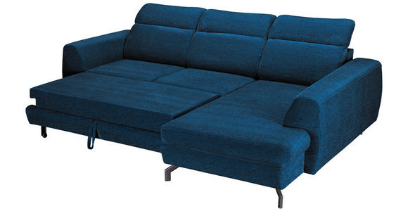ECKSOFA Blau Chenille  inkl. Zierkissen, Bettkasten, Schlaffunktion, Rücken echt, Kopfteilverstellung, Liegefläche im Originalstoff  - Blau/Schwarz, KONVENTIONELL, Textil/Metall (266/185cm) - Carryhome