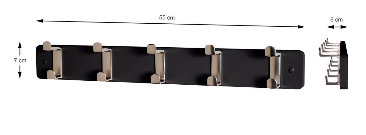 HAKENLEISTE  in Schwarz, Edelstahlfarben  - Edelstahlfarben/Schwarz, MODERN, Holzwerkstoff/Metall (55/7/6cm)