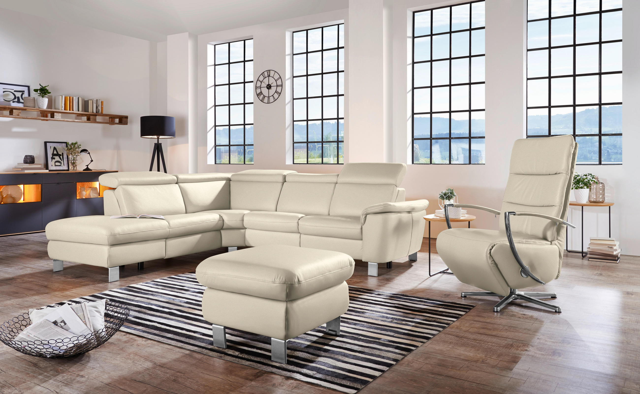 ECKSOFA in Echtleder Creme  - Creme/Alufarben, Design, Leder/Metall (239/271cm) - Cantus