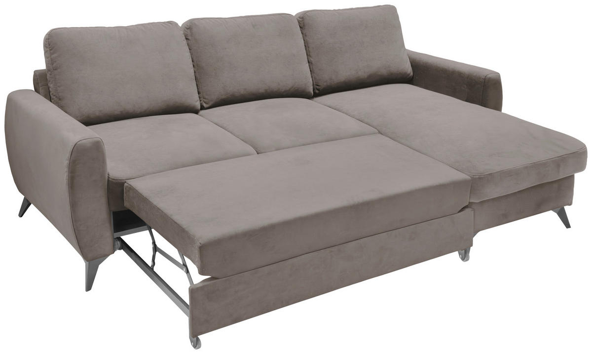 ECKSCHLAFSOFA JEFFREY Mikrovelours Taupe  inkl. Zierkissen, Rückenkissen, Stauraum  - Taupe/Schwarz, KONVENTIONELL, Textil/Metall (230/150cm) - Livetastic