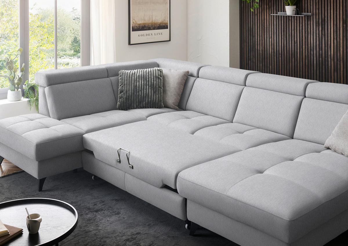 WOHNLANDSCHAFT Flachgewebe Silberfarben  - Silberfarben/Schwarz, Konventionell, Textil/Metall (215/333/174cm) - Beldomo System