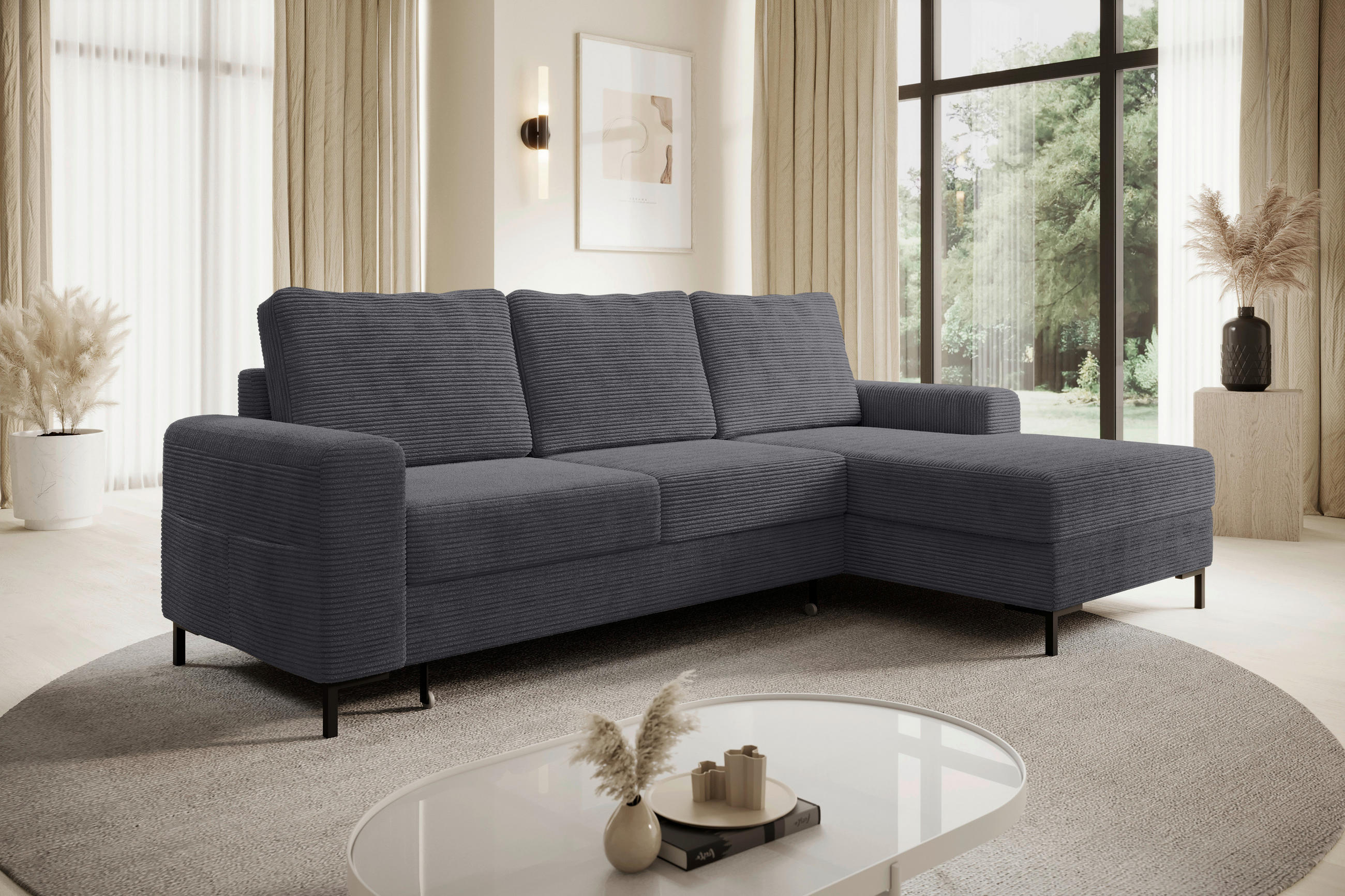 ECKSOFA Anthrazit Cord  - Anthrazit/Schwarz, KONVENTIONELL, Textil/Metall (240/150cm) - Carryhome