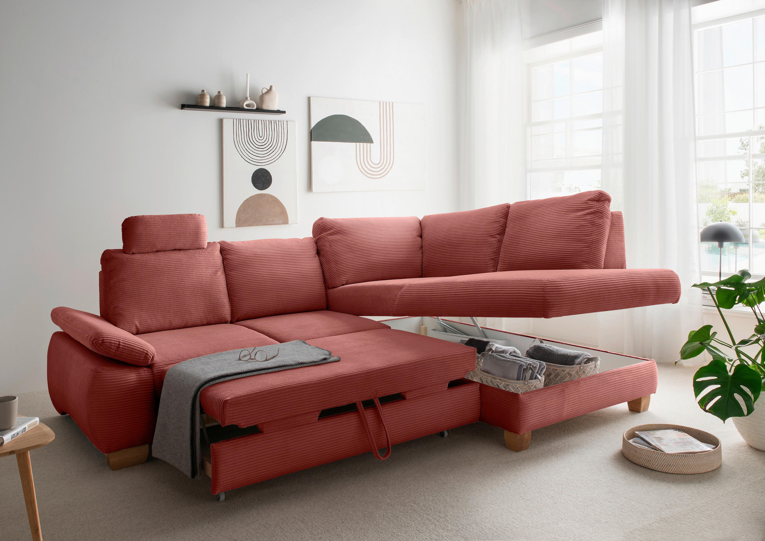 ECKSCHLAFSOFA in Cord Koralle  - Wildeiche/Koralle, Modern, Holz/Textil (261/206cm) - Livetastic