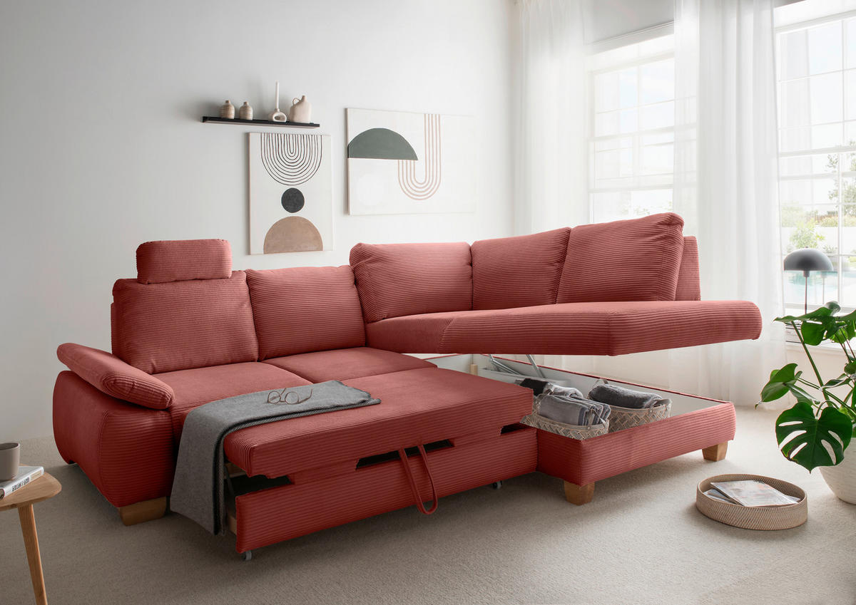 ECKSCHLAFSOFA in Cord Koralle  - Wildeiche/Koralle, Modern, Holz/Textil (261/206cm) - Livetastic