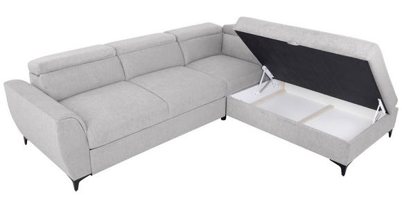 ECKSOFA Hellgrau Velours Bettkasten, Schlaffunktion, Rücken echt, Kopfteilverstellung, Liegefläche im Originalstoff  - Hellgrau/Schwarz, KONVENTIONELL, Textil/Metall (255/217cm) - Carryhome