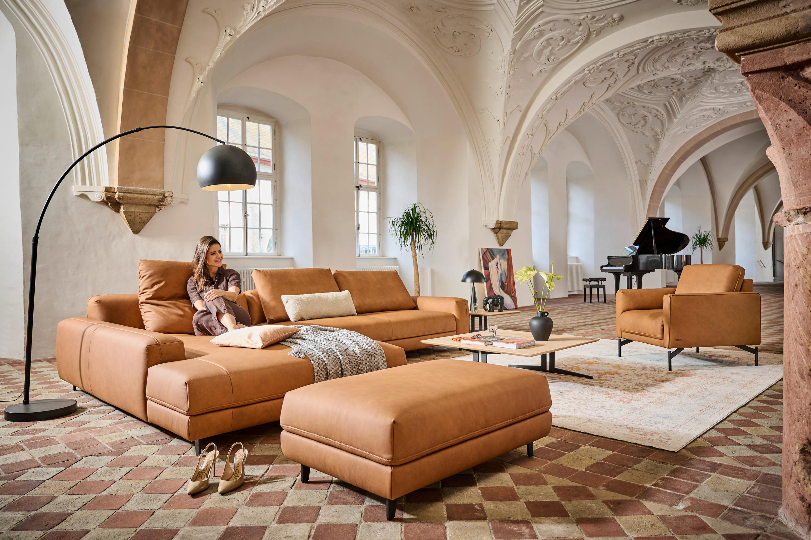 ECKSOFA in Echtleder Hellbraun  - Hellbraun/Anthrazit, Design, Leder/Metall (225/355cm) - Johann Jakob