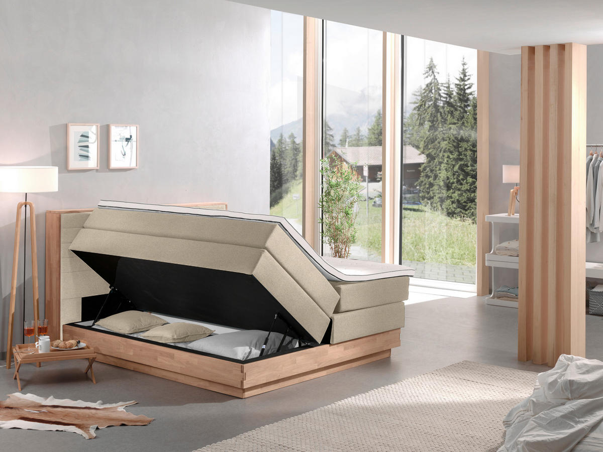BOXSPRINGBETT 180/200 cm,  in Eichefarben, Beige, Matratze, gepolstertes Kopfteil, Bettkasten, Topper, H3 + H3 = fest  - Eichefarben/Beige, MODERN, Holz/Kunststoff (180/200cm) - MID.YOU