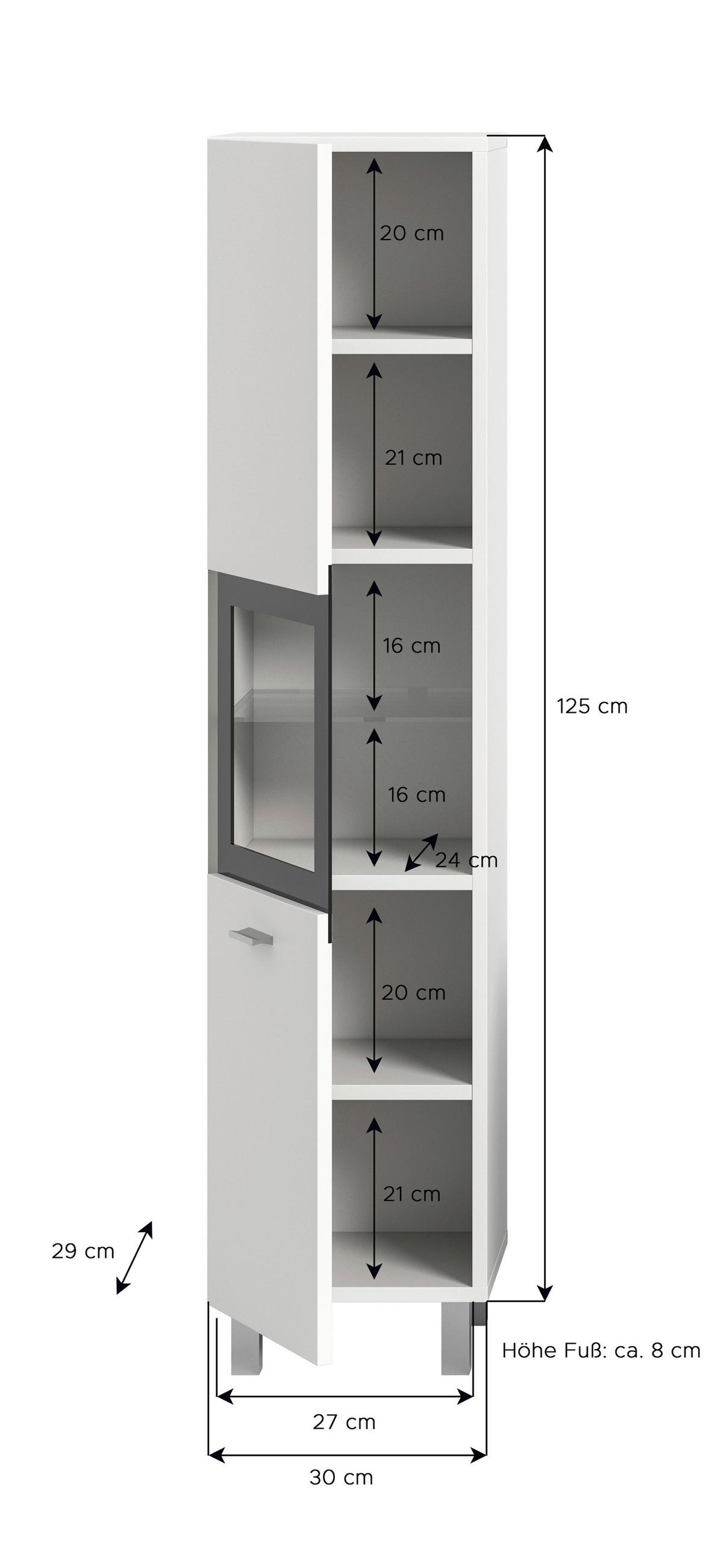 MIDISCHRANK 30/125/29 cm  - Silberfarben/Weiß, MODERN, Glas/Holzwerkstoff (30/125/29cm) - MID.YOU