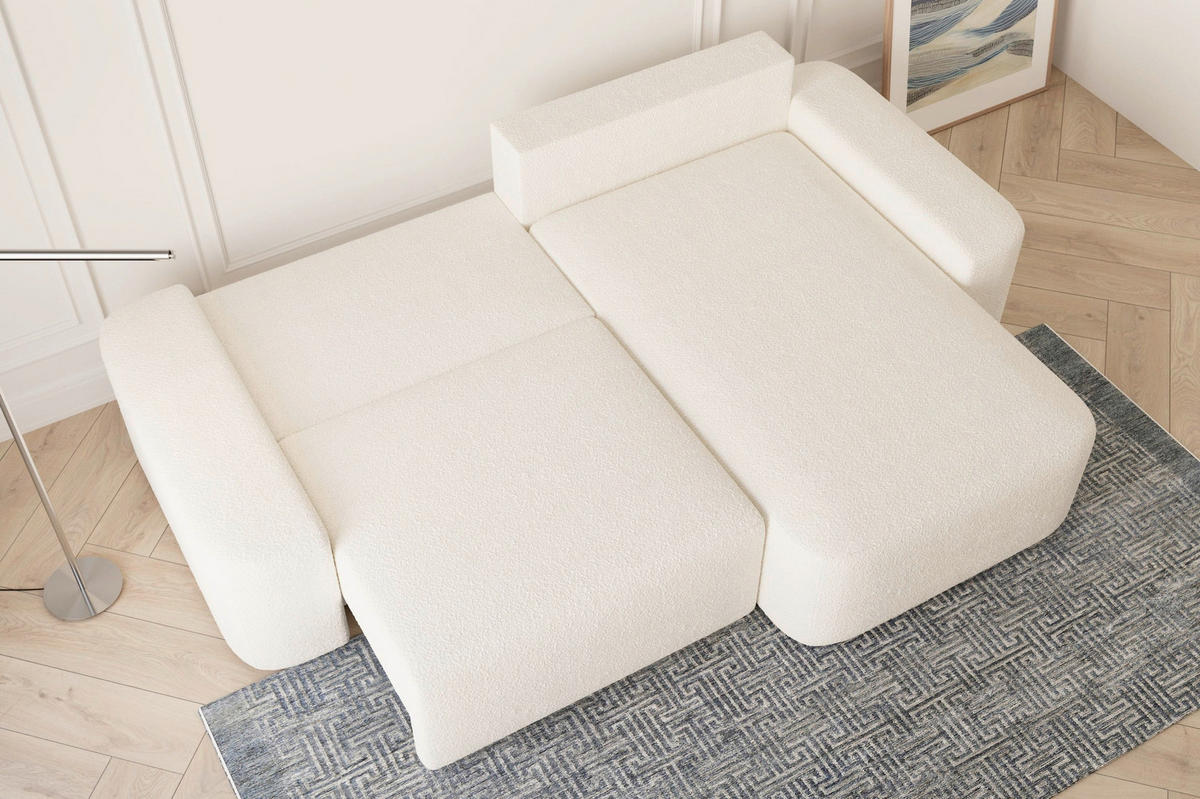 ECKSOFA OVAL Elfenbein Bouclé Rückenkissen, Schlaffunktion, Rücken echt, Stauraum  - Elfenbein/Schwarz, Design, Kunststoff/Textil (268/110cm) - MID.YOU