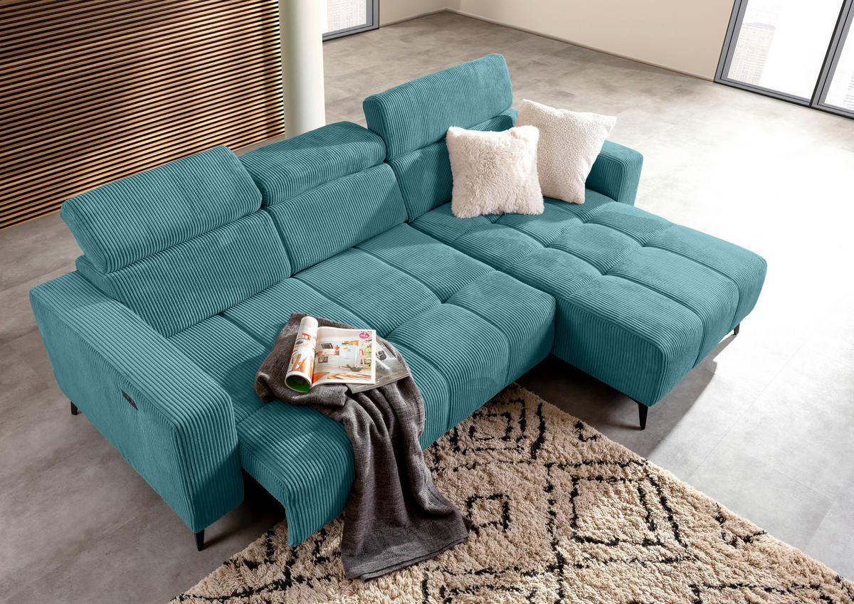 ECKSOFA Petrol Cord Rücken echt, Kopfteilverstellung, Sitzvorzug  - Petrol/Schwarz, KONVENTIONELL, Textil/Metall (257/170cm) - Carryhome