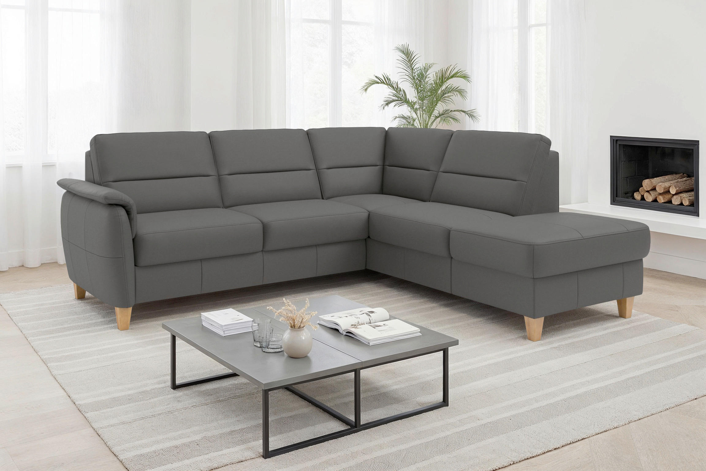 ECKSOFA Echtleder Mokka  - Eichefarben/Mokka, Basics, Leder/Holz (236/212cm) - Sit & More