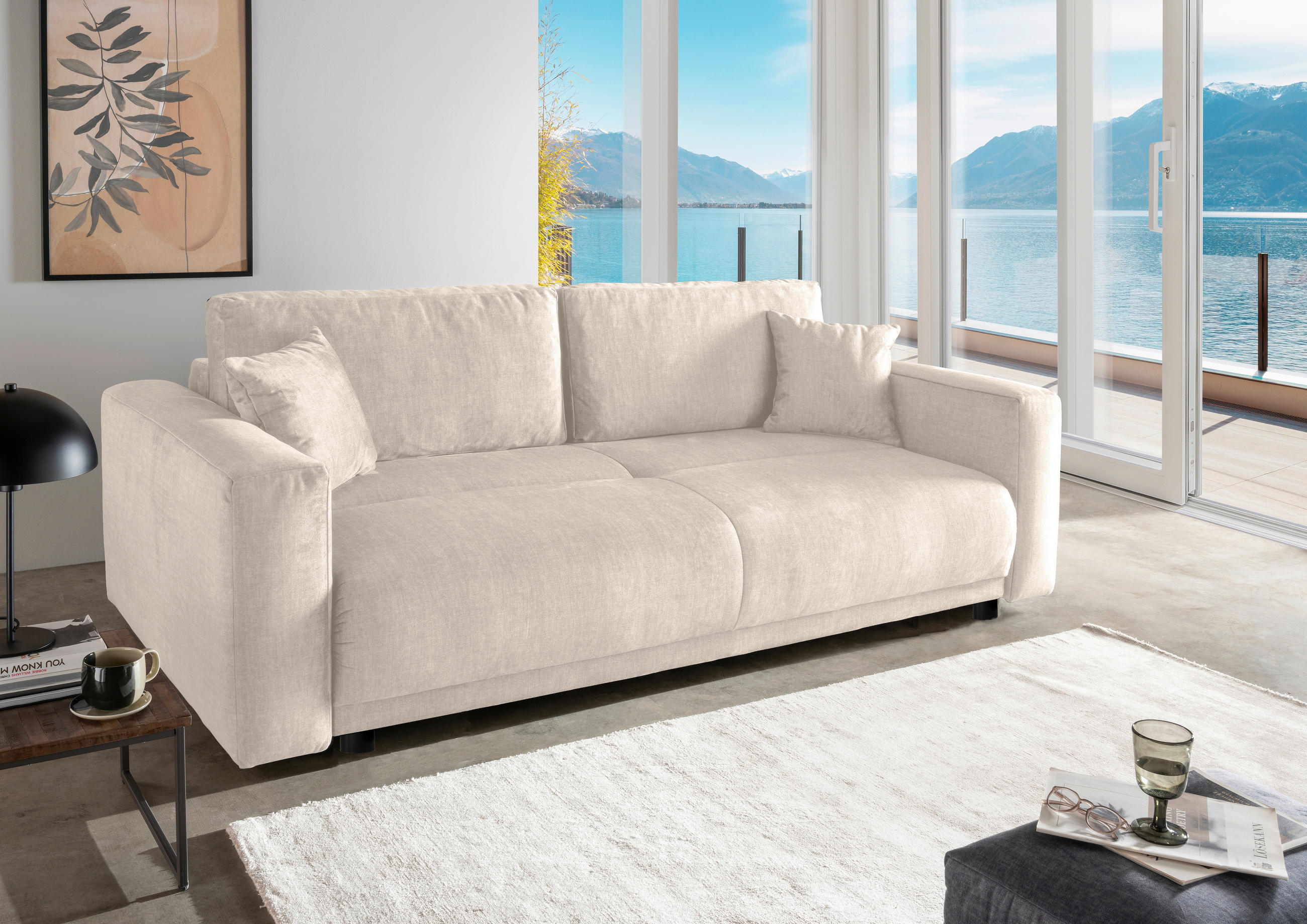 SCHLAFSOFA  mit Liegefunktion, Rücken echt Velours Creme  - Creme/Schwarz, MODERN, Kunststoff/Textil (245/86/126cm) - Livetastic