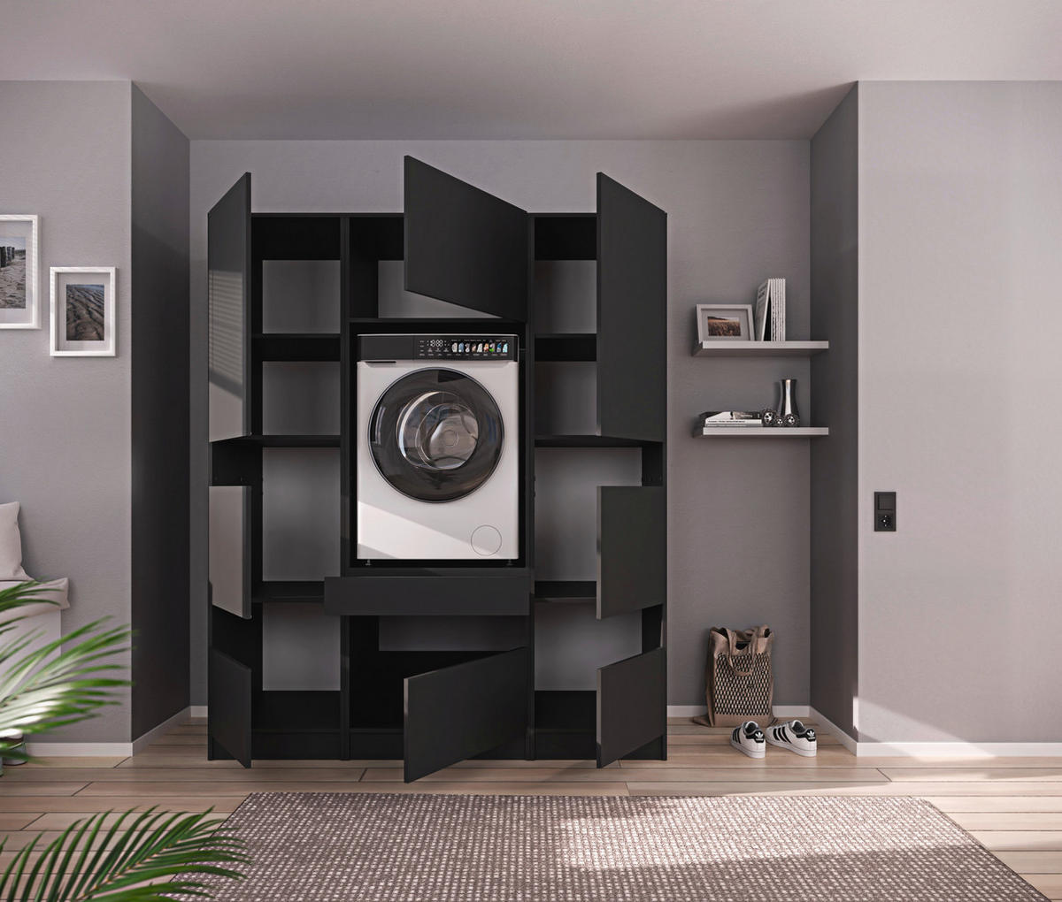 MEHRZWECKSCHRANK 50/200/68 cm  in Anthrazit  - Anthrazit/Schwarz, Design, Holzwerkstoff/Metall (50/200/68cm) - Milino