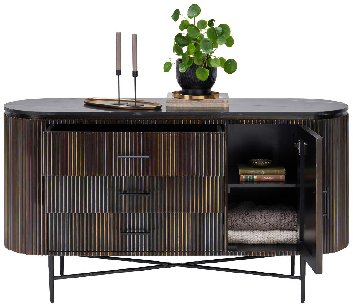 TÁLALÓSZEKRÉNY 150/80/40 cm  - fekete/sárgaréz, Trend, faalapú anyag/kő (150/80/40cm) - Ambia Home