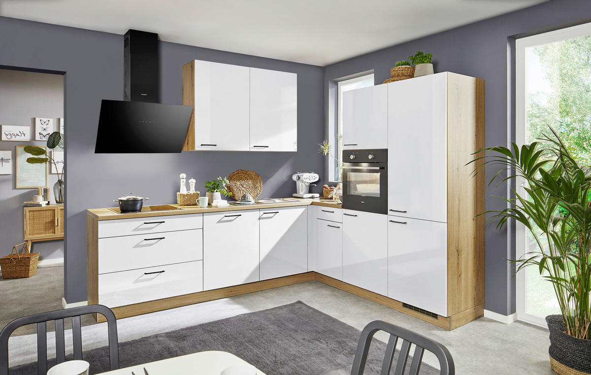 ECKKÜCHE 275/245 cm  in Eichefarben, Weiß Hochglanz  - Eichefarben/Weiß Hochglanz, Design, Holzwerkstoff/Metall (275/245cm) - Welnova