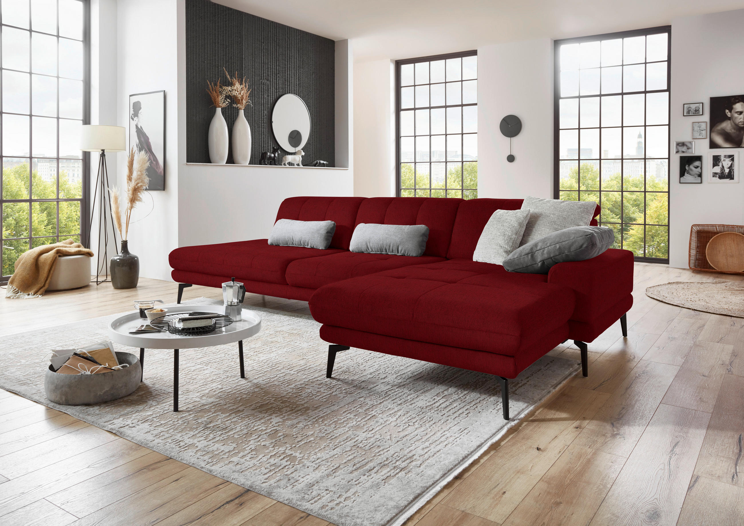 ECKSOFA in Flachgewebe Kirschrot  - Schwarz/Kirschrot, Design, Textil/Metall (309/190cm) - Beldomo Style