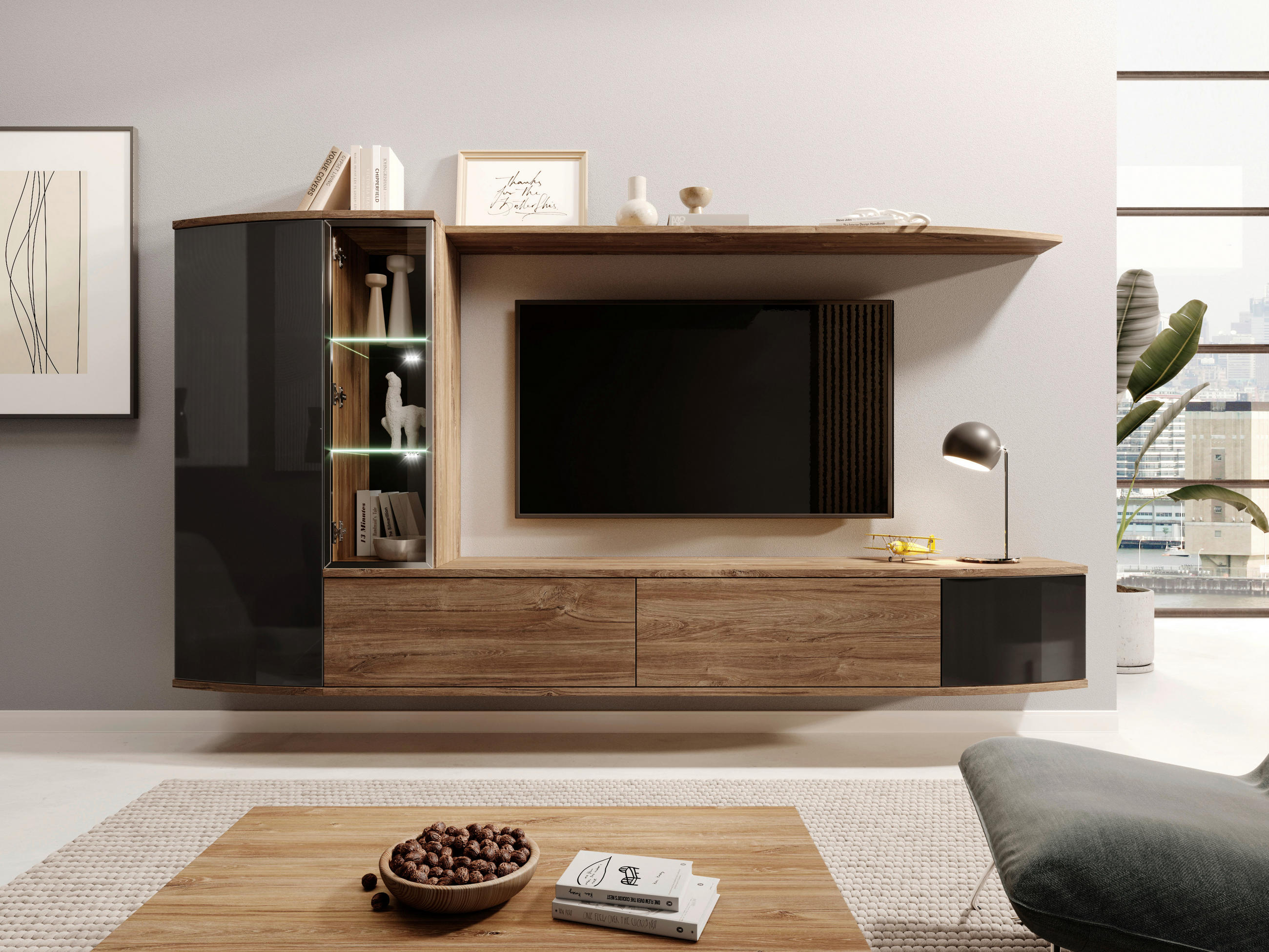 OBÝVACÍ STĚNA, barvy dubu, černá - černá/barvy dubu, Design, kompozitní dřevo/sklo (255/130/40cm) - MID.YOU