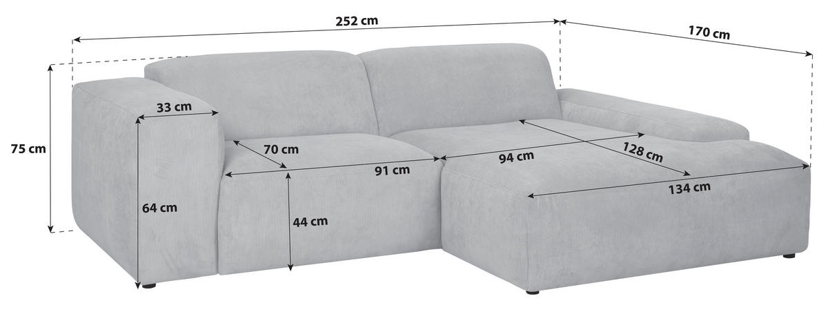 ECKSOFA HANNAH Grün Cord  - Schwarz/Grün, Design, Kunststoff/Textil (252/170cm) - MID.YOU