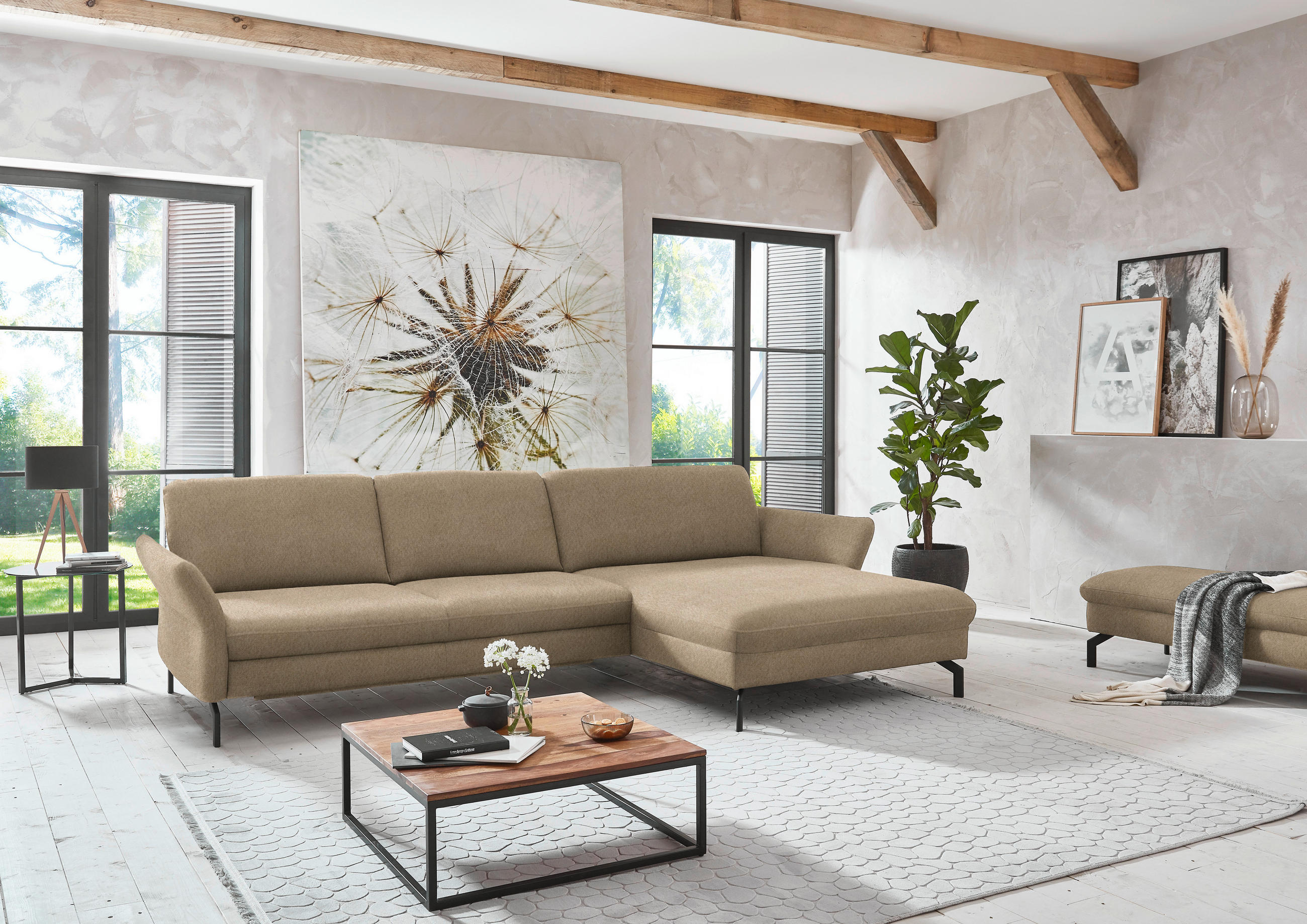 ECKSOFA in Velours Hellbraun  - Hellbraun/Schwarz, Design, Textil/Metall (306/179cm) - Beldomo System