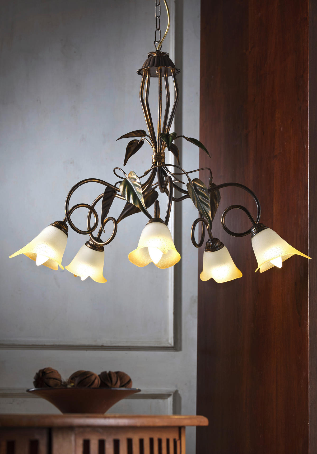 KRONLEUCHTER 90/130 cm  - Bronzefarben/Olivgrün, KONVENTIONELL, Glas/Metall (90/130cm)