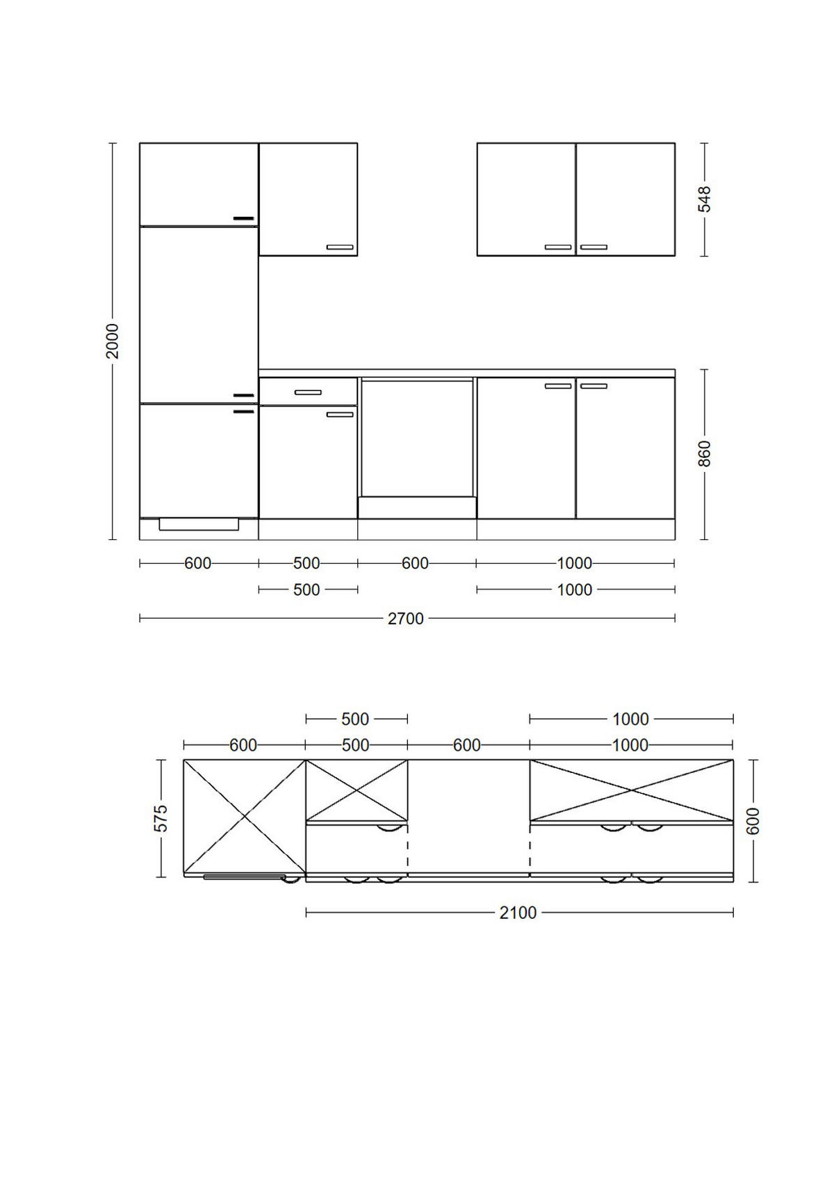 KÜCHENLEERBLOCK 270 cm   in Weiß, Weiß Hochglanz  - Schieferfarben/Edelstahlfarben, MODERN, Holzwerkstoff/Metall (270cm) - FlexWell