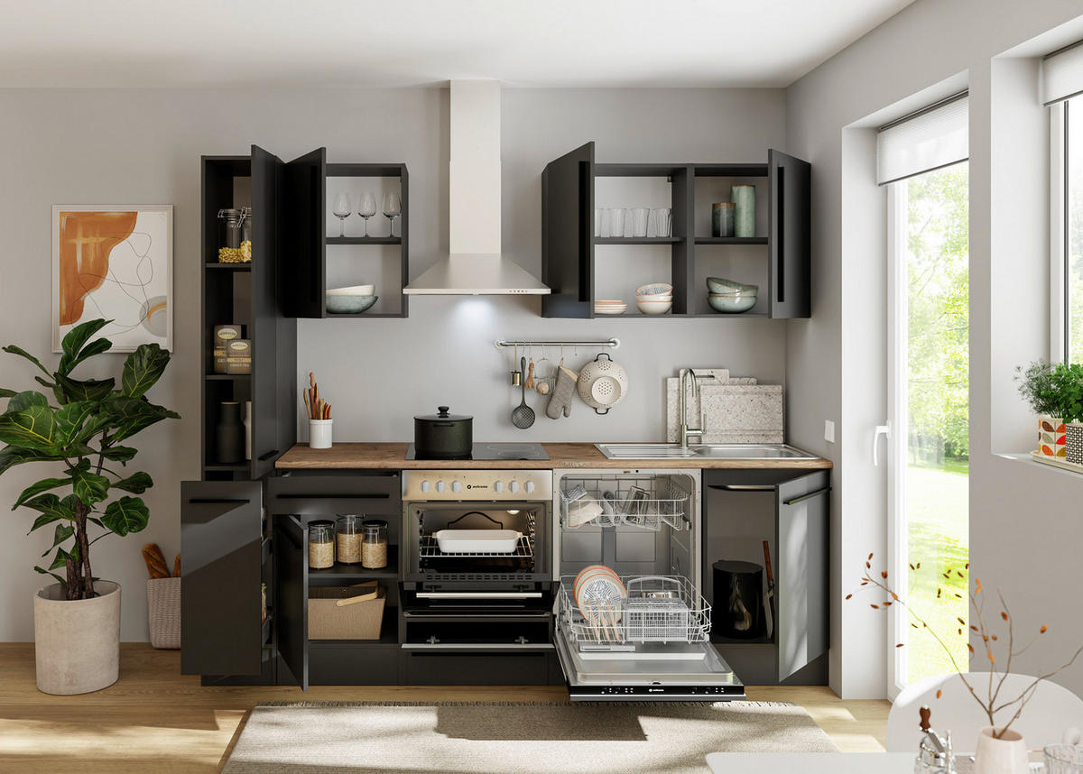 KÜCHENBLOCK 250 cm  in Schwarz  - Eichefarben/Schwarz, LIFESTYLE, Holzwerkstoff/Kunststoff (250cm) - P & B