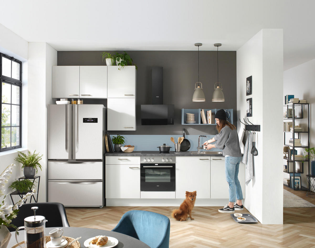 KÜCHENLEERBLOCK 340 cm   in Anthrazit, Weiß, Pastellblau  - Edelstahlfarben/Pastellblau, Design, Holzwerkstoff/Metall (340cm) - Xora