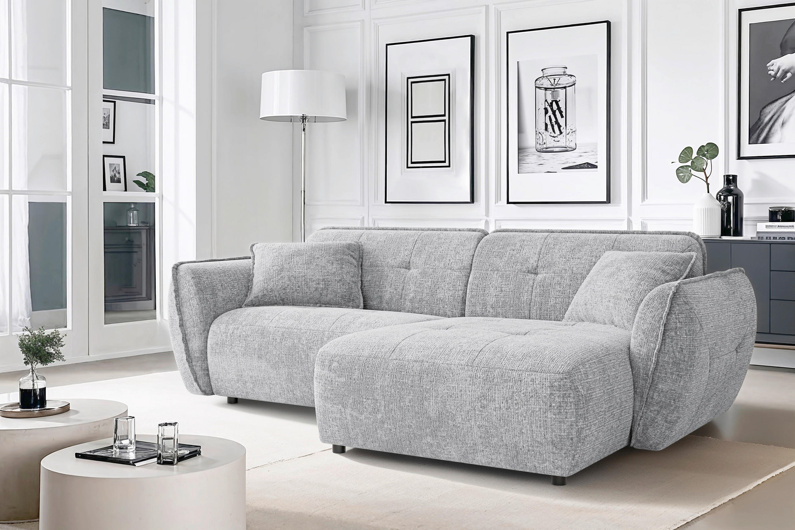 ECKSOFA Nelia Hellgrau Chenille  - Hellgrau/Schwarz, Design, Kunststoff/Textil (252/155cm) - P & B